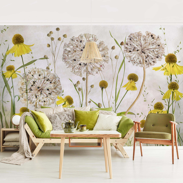 Vliestapete Allium und Helenium - Vliespapier - Beige - 432 x 290 cm