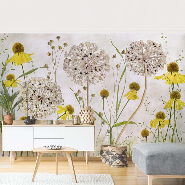 Vliestapete Allium und Helenium - Vliespapier - Beige - 432 x 290 cm
