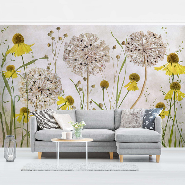 Vliestapete Allium und Helenium - Vliespapier - Beige - 432 x 290 cm
