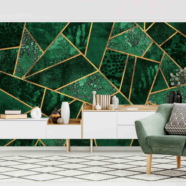 Vliestapete Dunkler Smaragd mit Gold - Vliespapier - Grün - 432 x 290 cm