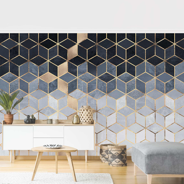 Vliestapete Goldene Geometrie - Vliespapier - Blau / Weiß - 432 x 290 cm