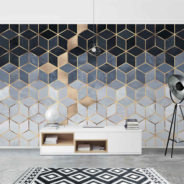 Vliestapete Goldene Geometrie - Vliespapier - Blau / Weiß - 432 x 290 cm