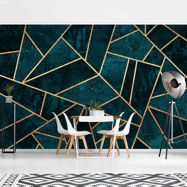 Vliestapete Dunkles Türkis mit Gold - Vliespapier - Türkis - 432 x 290 cm