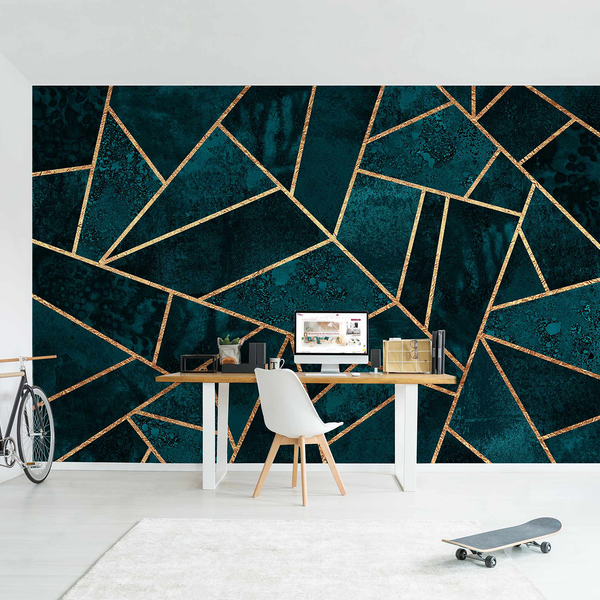 Vliestapete Dunkles Türkis mit Gold - Vliespapier - Türkis - 432 x 290 cm