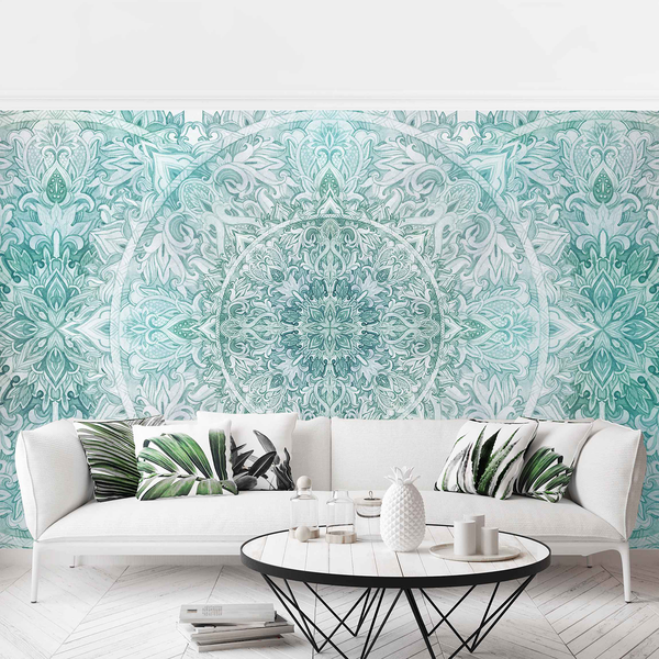 Vliestapete Mandala Aquarell III - Vliespapier - Türkis - 384 x 255 cm