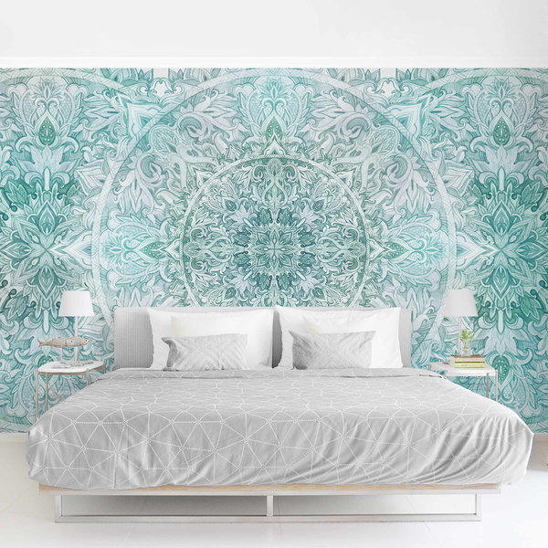 Vliestapete Mandala Aquarell III - Vliespapier - Türkis - 384 x 255 cm