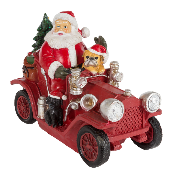 LED-Dekofigur Santa mit Oldtimer - Polyresin - Rot