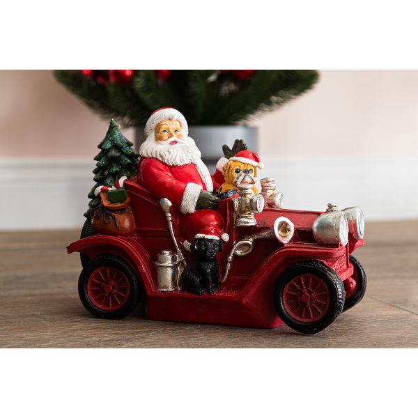 LED-Dekofigur Santa mit Oldtimer - Polyresin - Rot