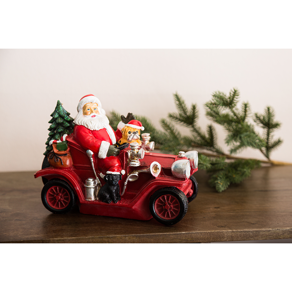 LED-Dekofigur Santa mit Oldtimer - Polyresin - Rot