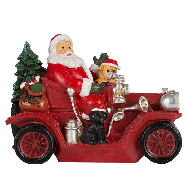 LED-Dekofigur Santa mit Oldtimer - Polyresin - Rot