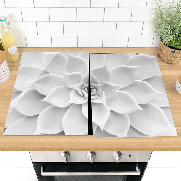 Herdabdeckplatte Kaktus Sukkulente - Sicherheitsglas - Schwarz / Weiß - 80 x 52 cm