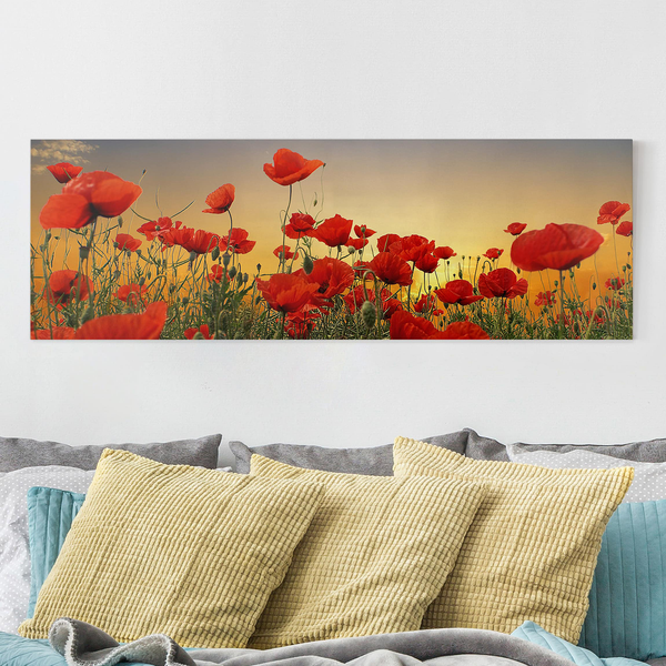 Leinwandbild Mohnblumenfeld I - Rot - 150 x 50 x 2 cm - Breite: 150 cm