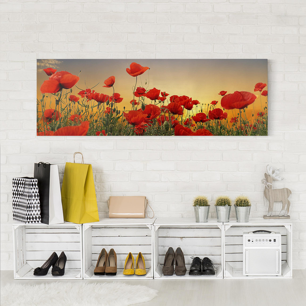 Leinwandbild Mohnblumenfeld I - Rot - 150 x 50 x 2 cm - Breite: 150 cm