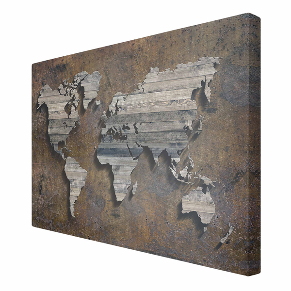 Leinwandbild Holz Rost Weltkarte II - Braun - 90 x 60 x 2 cm - Breite: 90 cm