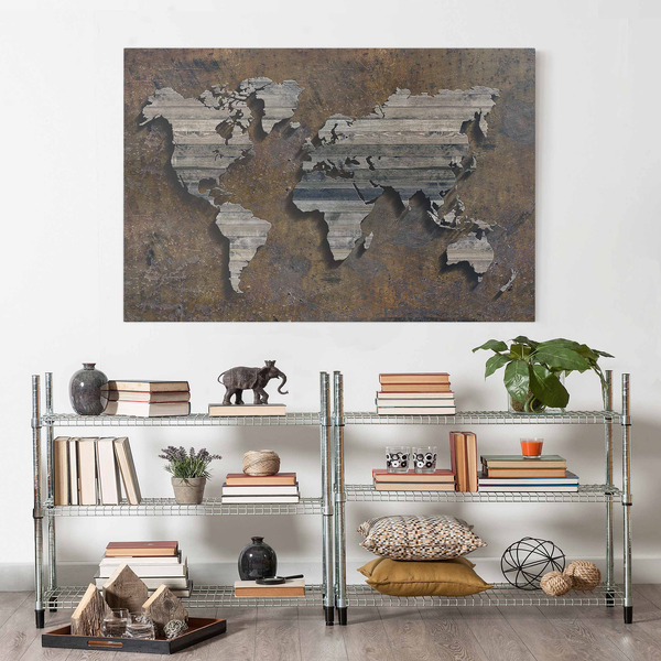 Leinwandbild Holz Rost Weltkarte II - Braun - 90 x 60 x 2 cm - Breite: 90 cm