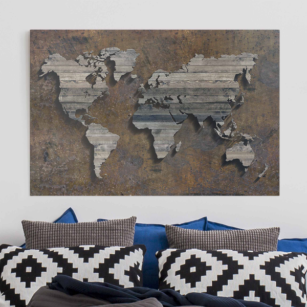 Leinwandbild Holz Rost Weltkarte II - Braun - 90 x 60 x 2 cm - Breite: 90 cm