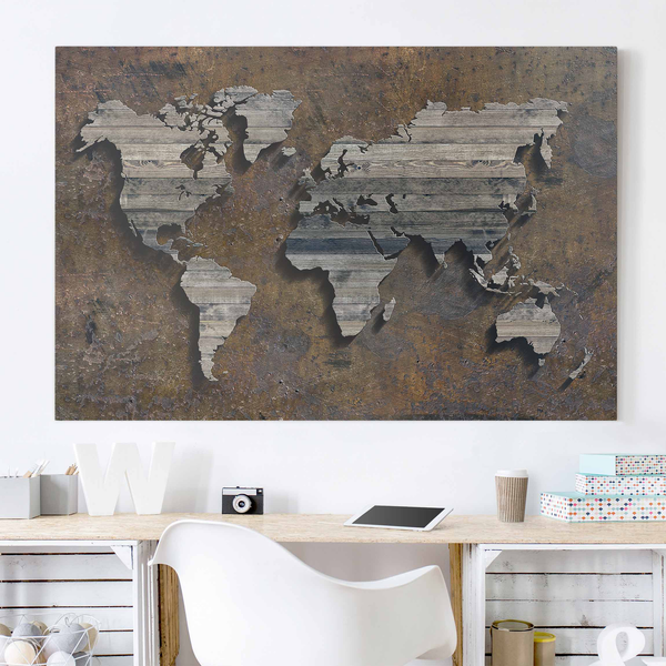 Leinwandbild Holz Rost Weltkarte II - Braun - 90 x 60 x 2 cm - Breite: 90 cm