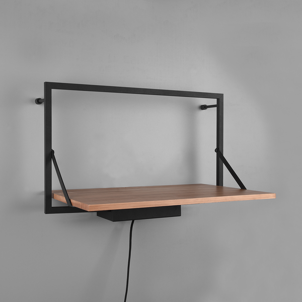 Wandregal Legno I - Inkl. Beleuchtung - Eukalytpus massiv / Metall - Eukalyptus / Schwarz - Breite: 50 cm