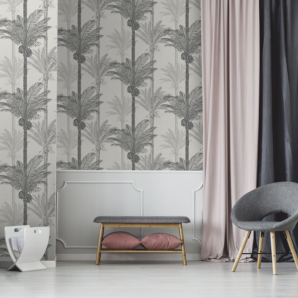 Vliestapete Palm Exotique - Beige - 0,52m  x 10,05m  x 0,02m - Hellgrau / Weiß
