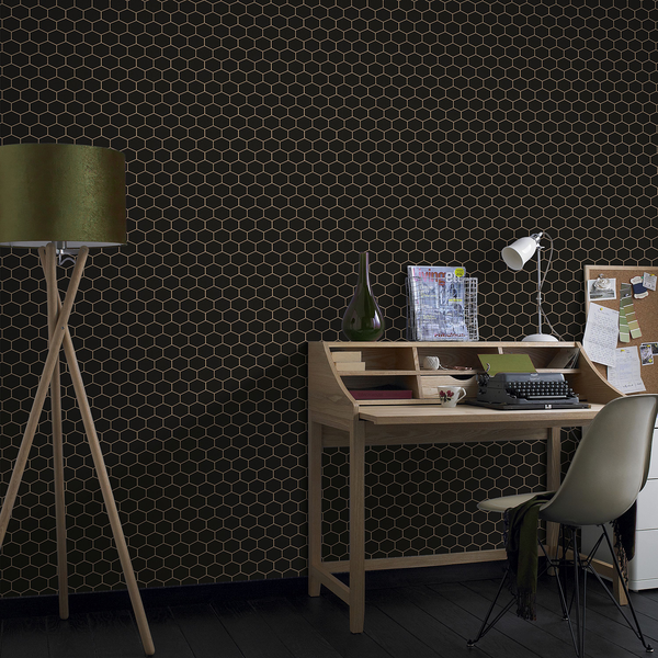 Vliestapete Hexagon Geo - Schwarz - 0,52m  x 10,05m  x 0,02m - Schwarz / Gold