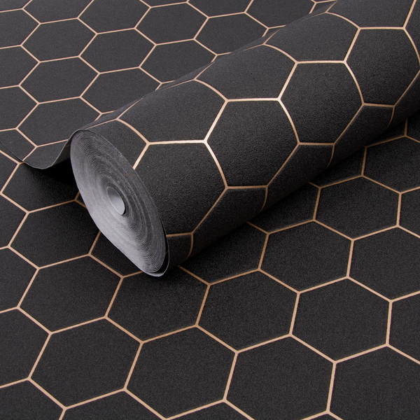 Vliestapete Hexagon Geo - Schwarz - 0,52m  x 10,05m  x 0,02m - Schwarz / Gold