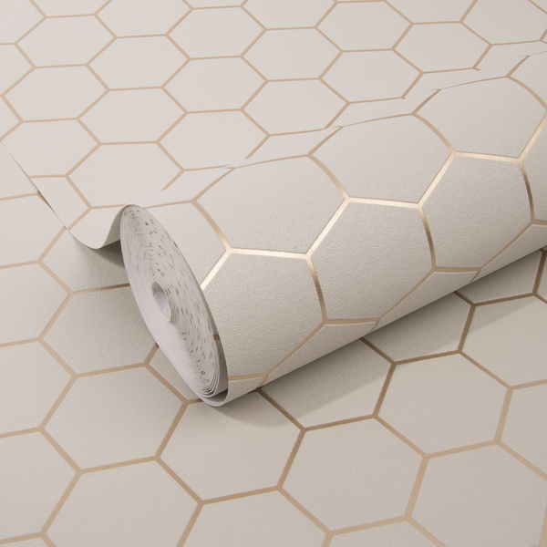 Vliestapete Hexagon Geo - Grau - 0,52m  x 10,05m  x 0,02m - Grau / Gold