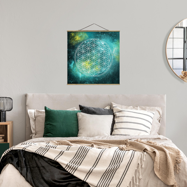 Stoffbild Blume des Lebens - Textil; Massivholz (Holzart) - Blau - 100cm x 100cm x 0,3cm - 100 x 100 cm