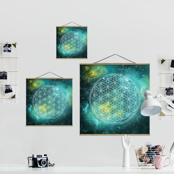 Stoffbild Blume des Lebens - Textil; Massivholz (Holzart) - Blau - 100cm x 100cm x 0,3cm - 100 x 100 cm
