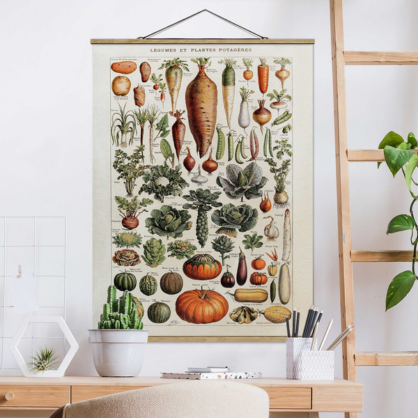 Stoffbild Vintage Lehrtafel Gemüse - Textil; Massivholz (Holzart) - Grün - 100cm x 133,5cm x 0,3cm - 100 x 134 cm