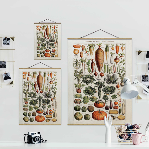 Stoffbild Vintage Lehrtafel Gemüse - Textil; Massivholz (Holzart) - Grün - 100cm x 133,5cm x 0,3cm - 100 x 134 cm