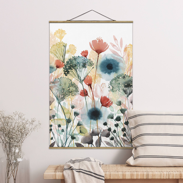 Stoffbild Wildblumen im Sommer I - Textil; Massivholz (Holzart) - Weiß - 100cm x 150cm x 0,3cm - 100 x 150 cm