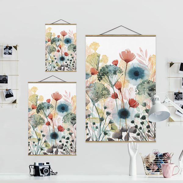 Stoffbild Wildblumen im Sommer I - Textil; Massivholz (Holzart) - Weiß - 100cm x 150cm x 0,3cm - 100 x 150 cm