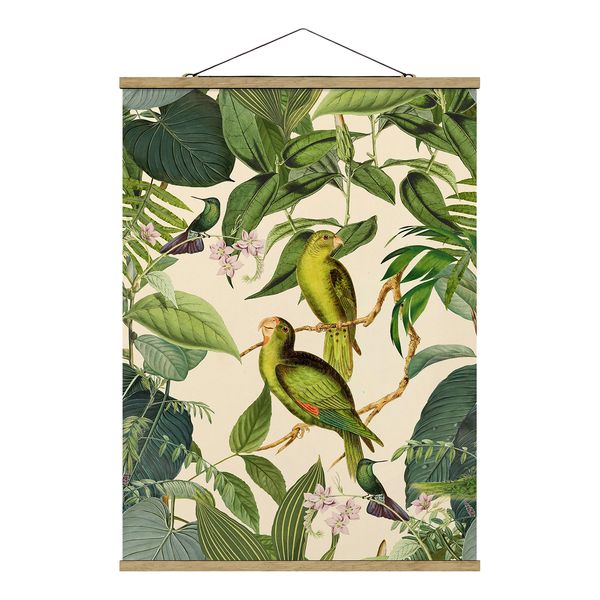 Stoffbild Collage Papageien im Dschungel - Textil; Massivholz (Holzart) - Grün - 50cm x 66,4cm x 0,3cm - 50 x 66 cm