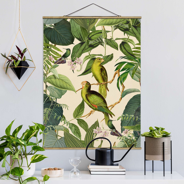 Stoffbild Collage Papageien im Dschungel - Textil; Massivholz (Holzart) - Grün - 50cm x 66,4cm x 0,3cm - 50 x 66 cm