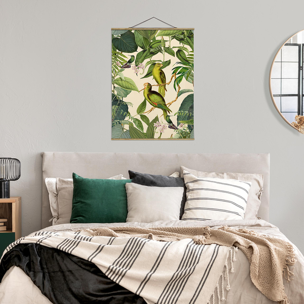 Stoffbild Collage Papageien im Dschungel - Textil; Massivholz (Holzart) - Grün - 50cm x 66,4cm x 0,3cm - 50 x 66 cm