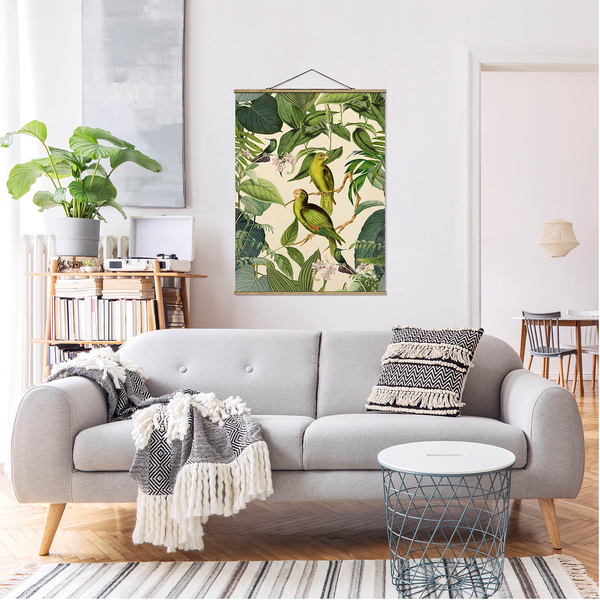 Stoffbild Collage Papageien im Dschungel - Textil; Massivholz (Holzart) - Grün - 50cm x 66,4cm x 0,3cm - 50 x 66 cm