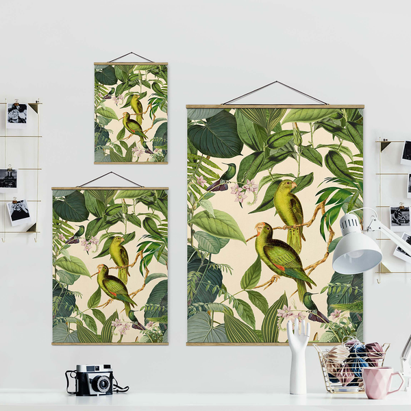 Stoffbild Collage Papageien im Dschungel - Textil; Massivholz (Holzart) - Grün - 50cm x 66,4cm x 0,3cm - 50 x 66 cm