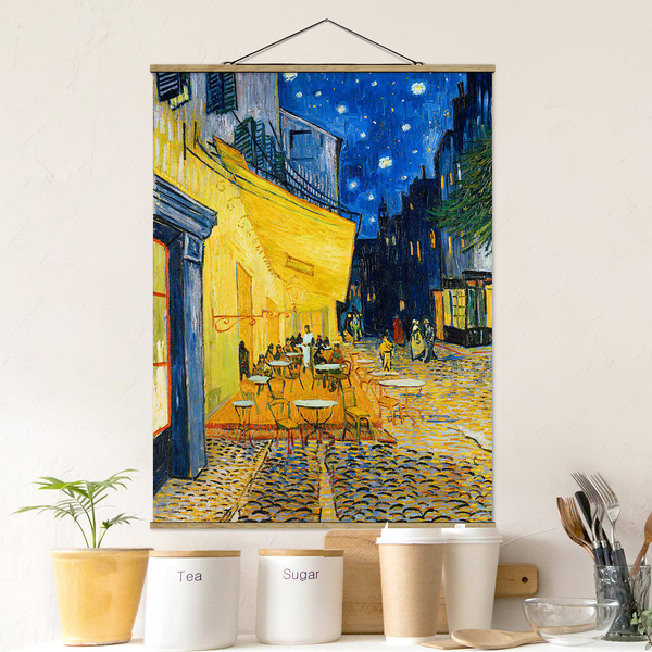 Stoffbild Terrasse in Arles - Textil; Massivholz (Holzart) - Gelb; Blau - 50cm x 66,4cm x 0,3cm - 50 x 66 cm