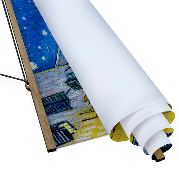 Stoffbild Terrasse in Arles - Textil; Massivholz (Holzart) - Gelb; Blau - 50cm x 66,4cm x 0,3cm - 50 x 66 cm