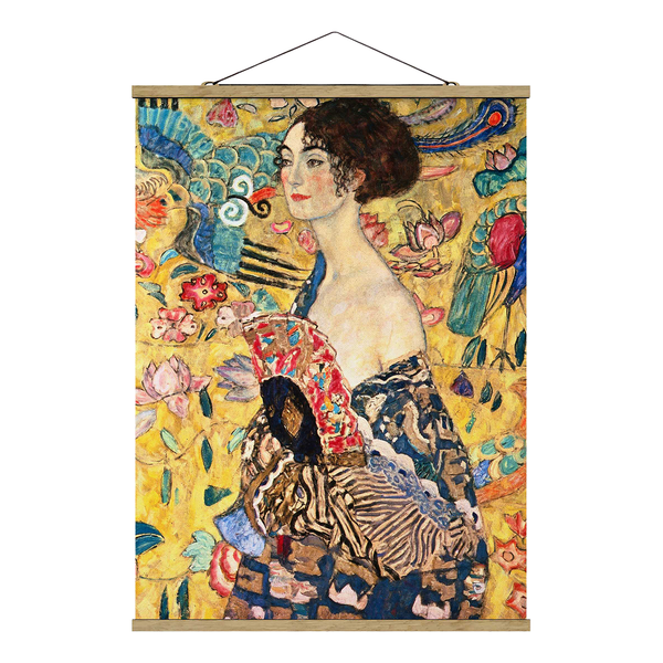 Stoffbild Gustav Klimt Dame mit Fächer - Textil; Massivholz (Holzart) - Mehrfarbig - 80cm x 106,5cm x 0,3cm - 80 x 107 cm