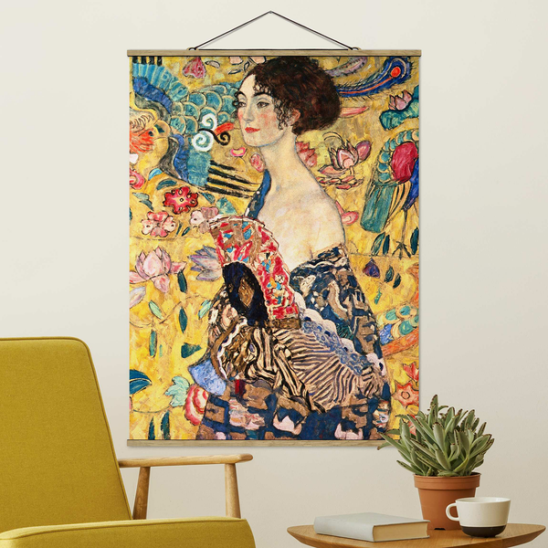 Stoffbild Gustav Klimt Dame mit Fächer - Textil; Massivholz (Holzart) - Mehrfarbig - 80cm x 106,5cm x 0,3cm - 80 x 107 cm
