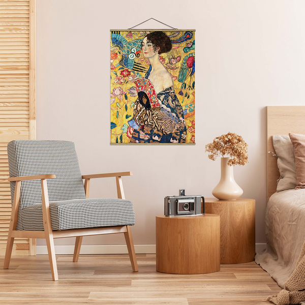 Stoffbild Gustav Klimt Dame mit Fächer - Textil; Massivholz (Holzart) - Mehrfarbig - 80cm x 106,5cm x 0,3cm - 80 x 107 cm