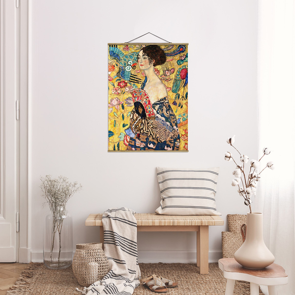 Stoffbild Gustav Klimt Dame mit Fächer - Textil; Massivholz (Holzart) - Mehrfarbig - 80cm x 106,5cm x 0,3cm - 80 x 107 cm