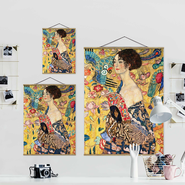 Stoffbild Gustav Klimt Dame mit Fächer - Textil; Massivholz (Holzart) - Mehrfarbig - 80cm x 106,5cm x 0,3cm - 80 x 107 cm