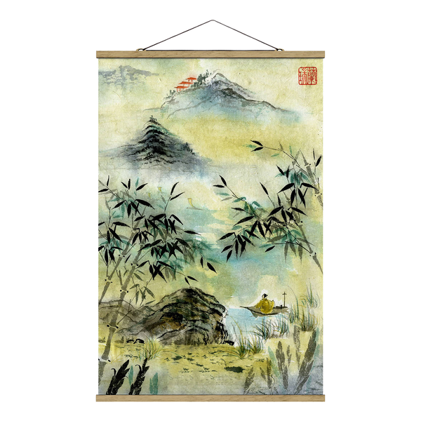 Stoffbild Japanischer Bambuswald - Textil; Massivholz (Holzart) - Gelb - 35cm x 52,5cm x 0,3cm - 35 x 53 cm