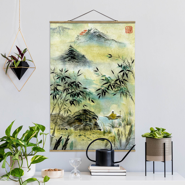 Stoffbild Japanischer Bambuswald - Textil; Massivholz (Holzart) - Gelb - 35cm x 52,5cm x 0,3cm - 35 x 53 cm