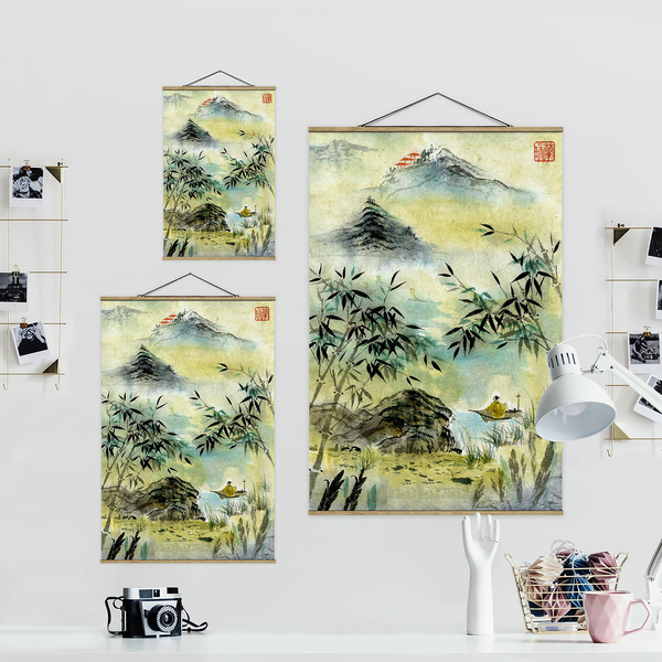 Stoffbild Japanischer Bambuswald - Textil; Massivholz (Holzart) - Gelb - 35cm x 52,5cm x 0,3cm - 35 x 53 cm