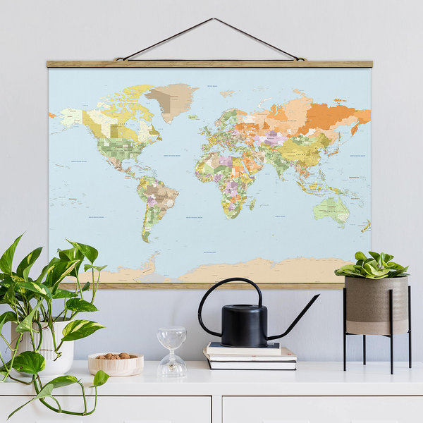 Stoffbild Politische Weltkarte II - Textil; Massivholz (Holzart) - Mehrfarbig - 50cm x 33,5cm x 0,3cm - 50 x 34 cm