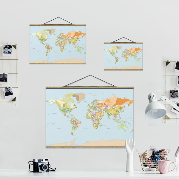 Stoffbild Politische Weltkarte II - Textil; Massivholz (Holzart) - Mehrfarbig - 50cm x 33,5cm x 0,3cm - 50 x 34 cm