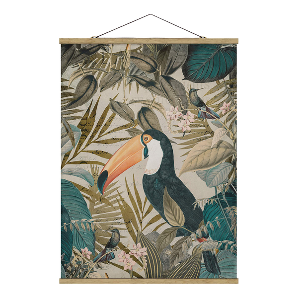 Stoffbild Collage Tukan im Dschungel - Textil; Massivholz (Holzart) - Mehrfarbig - 35cm x 46,5cm x 0,3cm - 35 x 47 cm